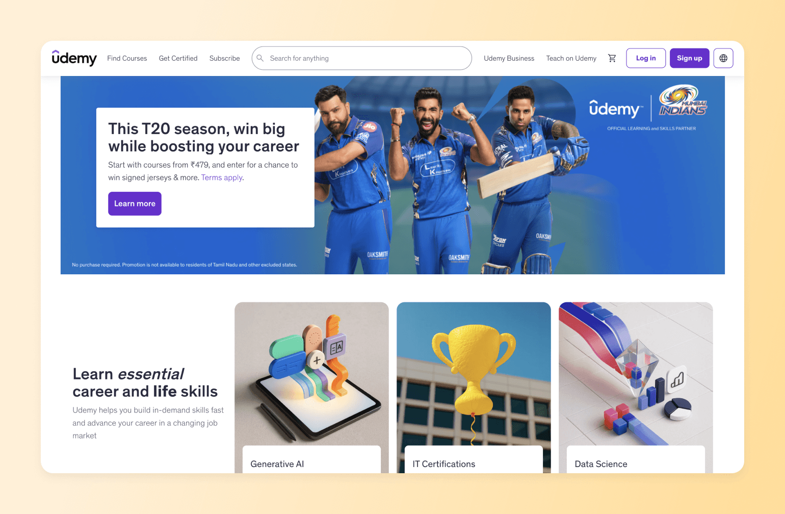 Udemy homepage featuring Mumbai Indians cricket players promotion and course categories including Generative AI, IT Certifications, and Data Science