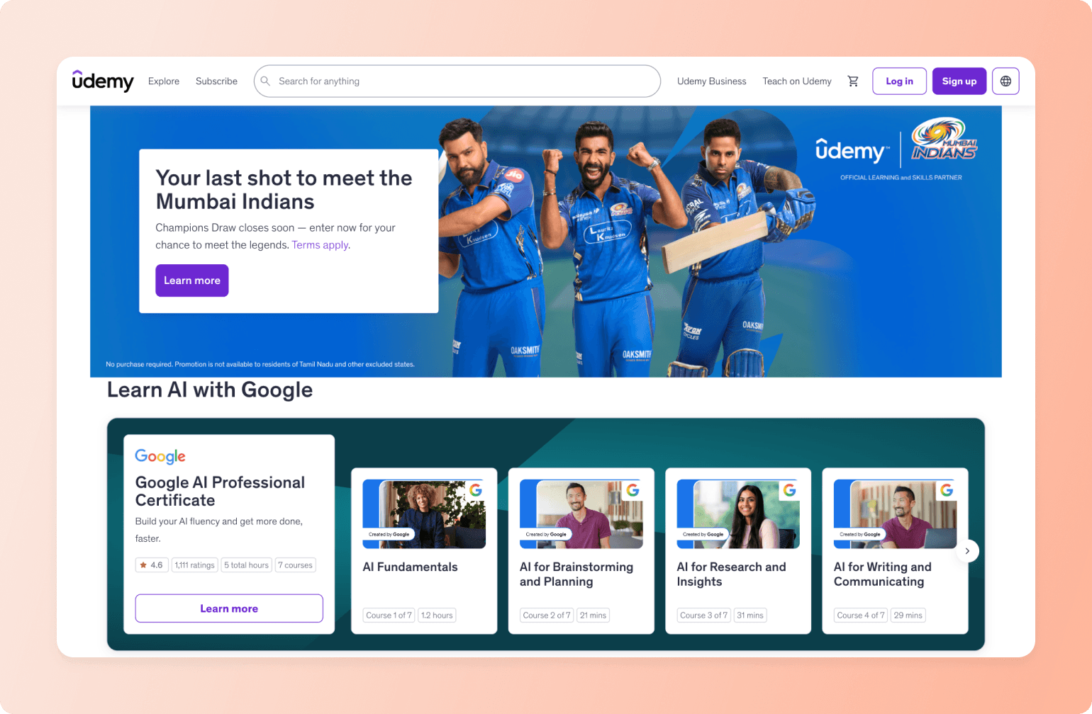 Udemy homepage featuring Mumbai Indians cricket promotion and Google AI Professional Certificate courses including fundamentals, brainstorming, research, and writing modules