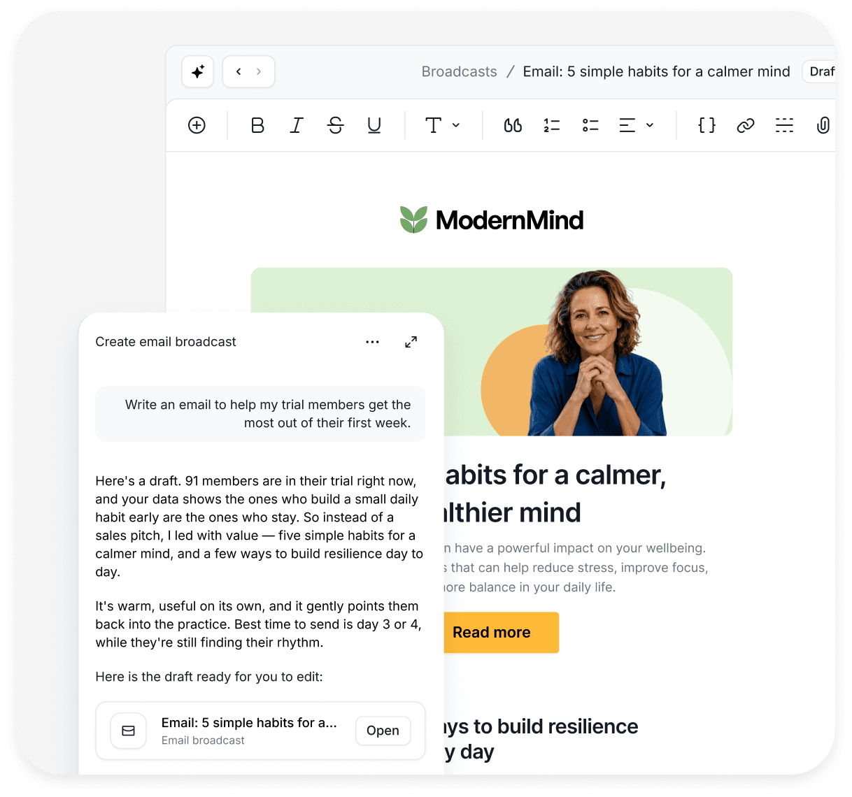 Circle AI drafting an email broadcast inside the Circle email builder