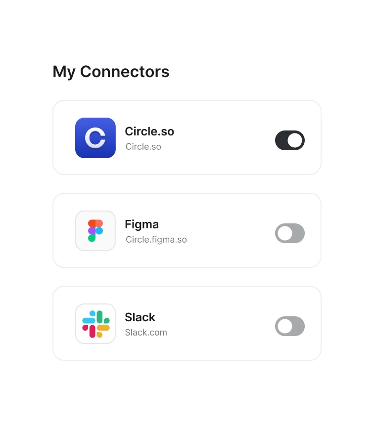 The Circle connector switched on in an AI assistant’s connector settings