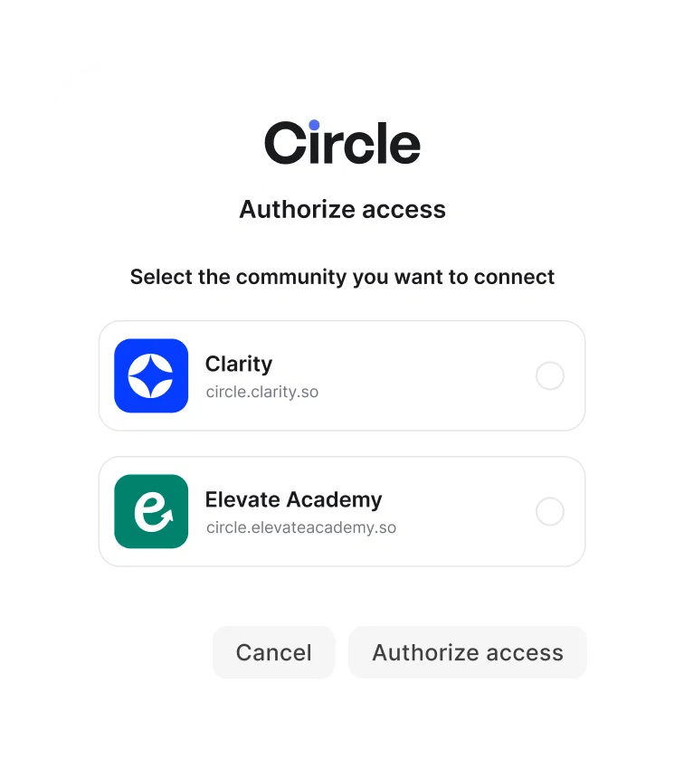 Choosing which Circle community to connect and authorizing access