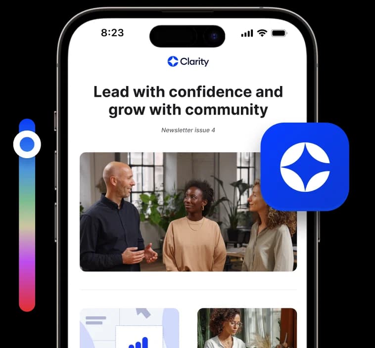 A custom home screen in a branded app, with a color picker and app icon