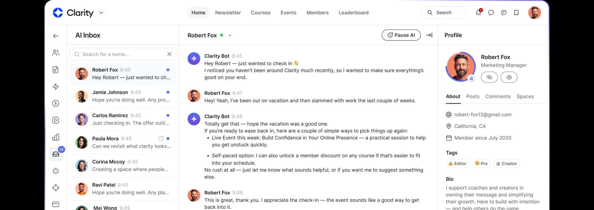 The AI inbox, where an AI agent checks in with a member who has gone quiet