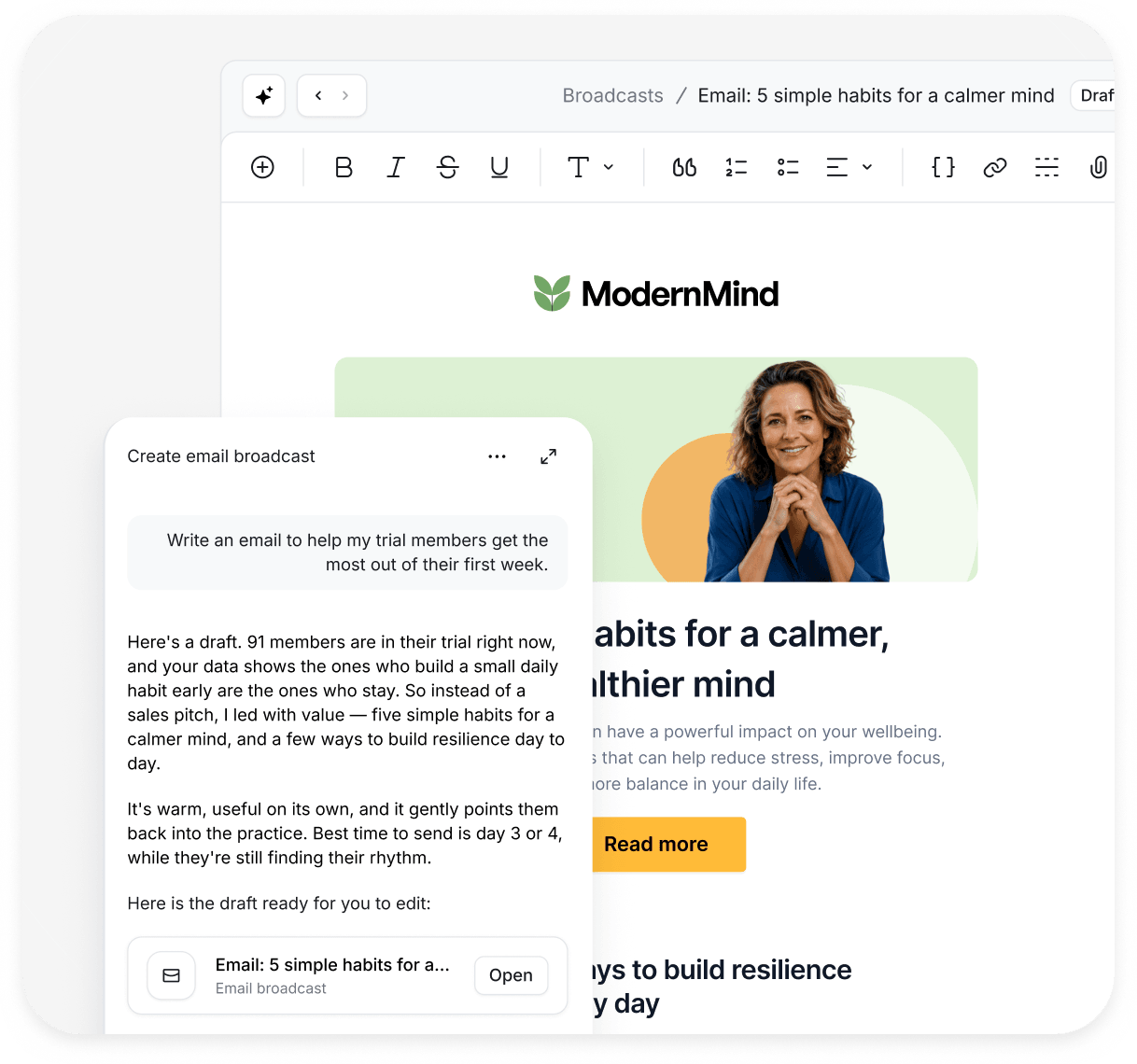 Circle AI drafting an email broadcast inside the Circle email builder