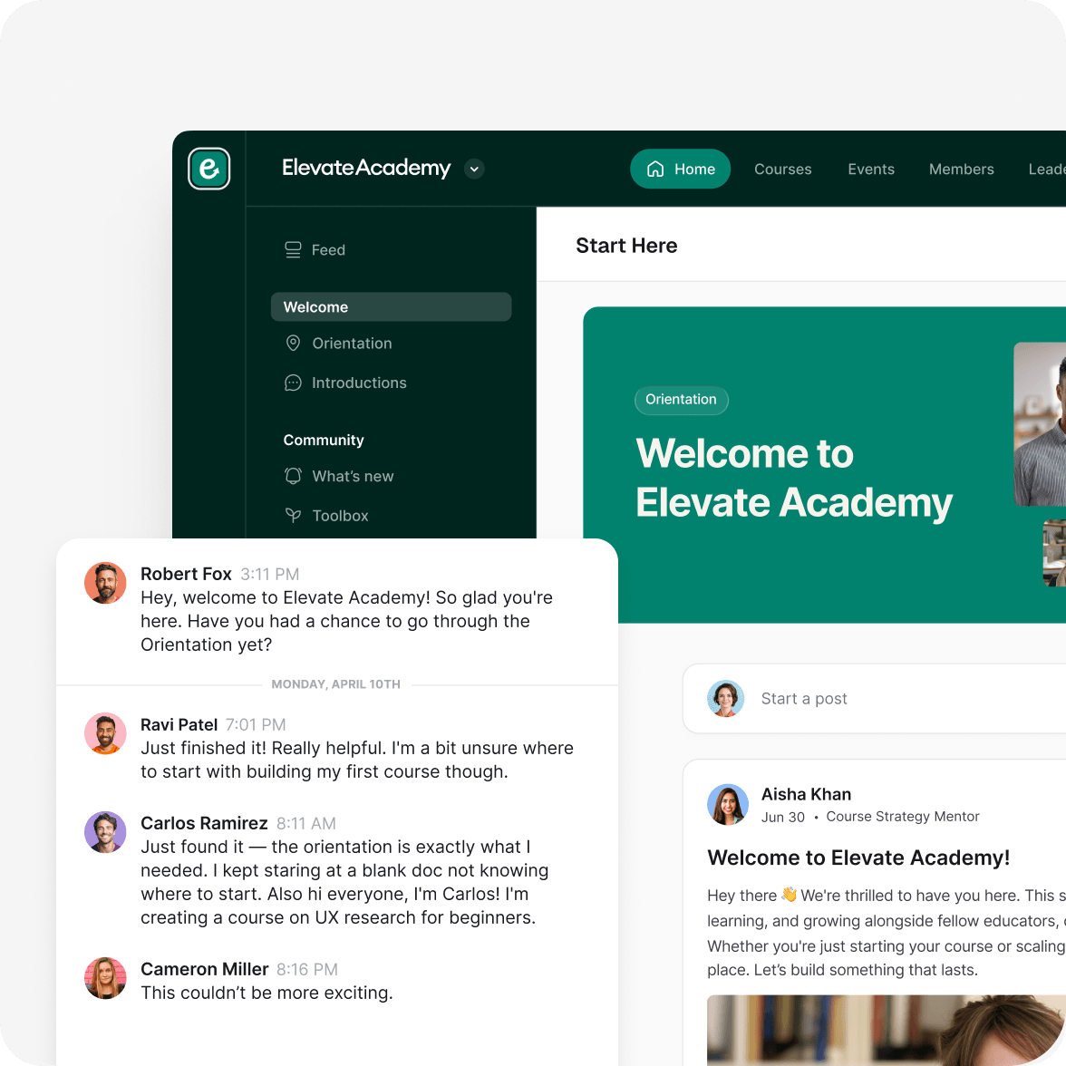Circle spaces for community, courses, events and content in one sidebar