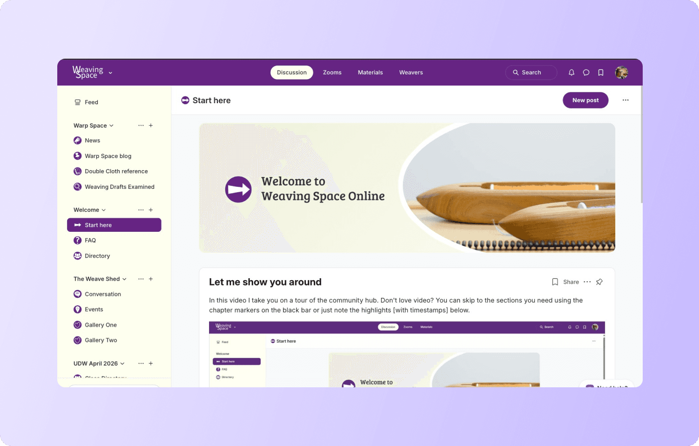 Wooden boat shuttles and weaving tools arranged on light background for Weaving Space Online welcome banner