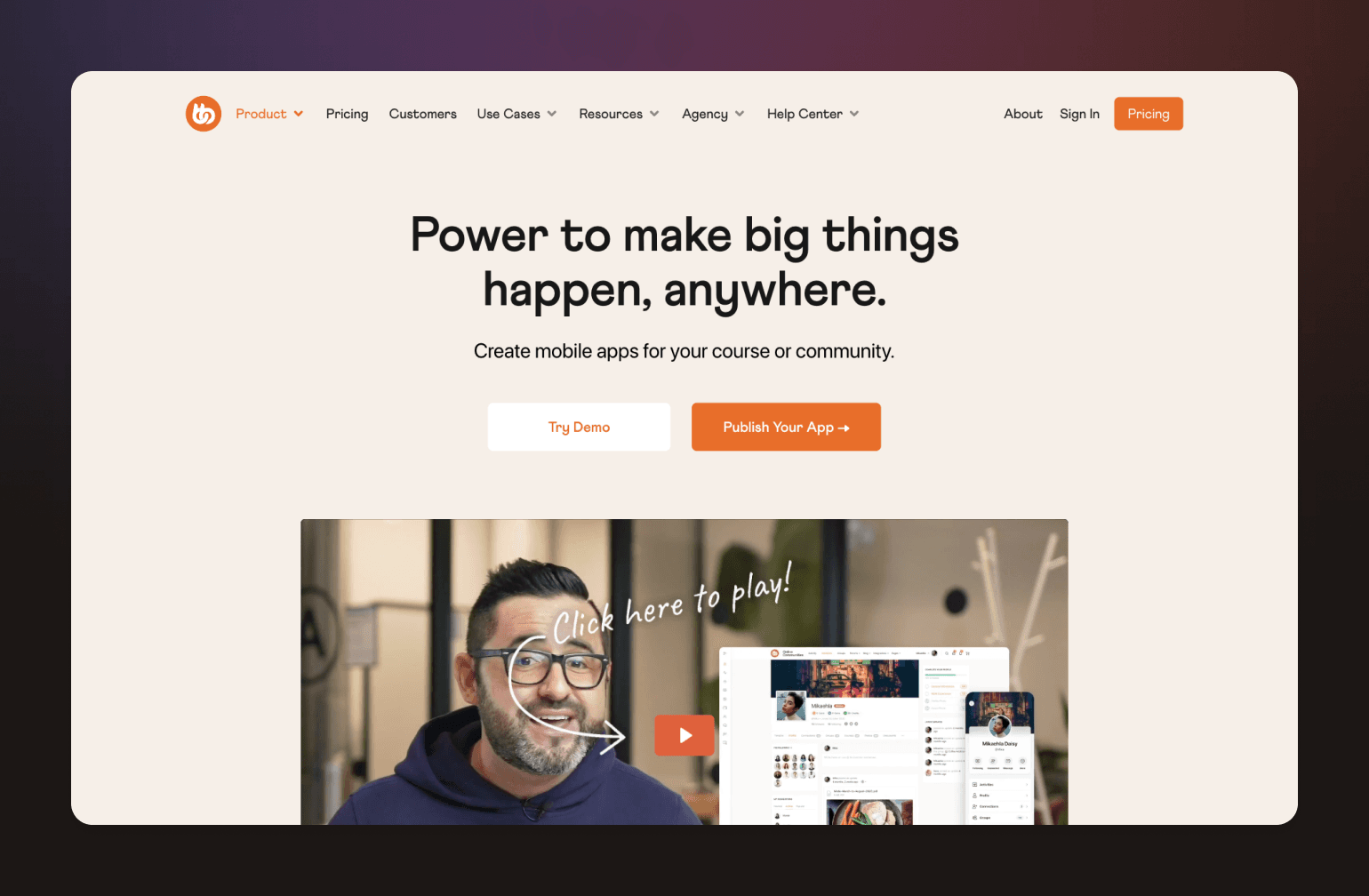 Video preview showing smiling person in glasses with mobile app interface displays and play button overlay
