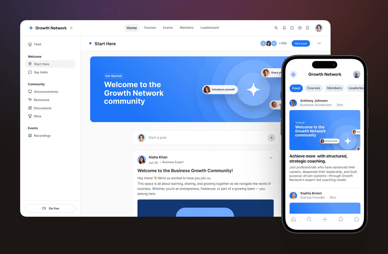 Growth Network community platform dashboard showing desktop and mobile interfaces with welcome banner and member feed