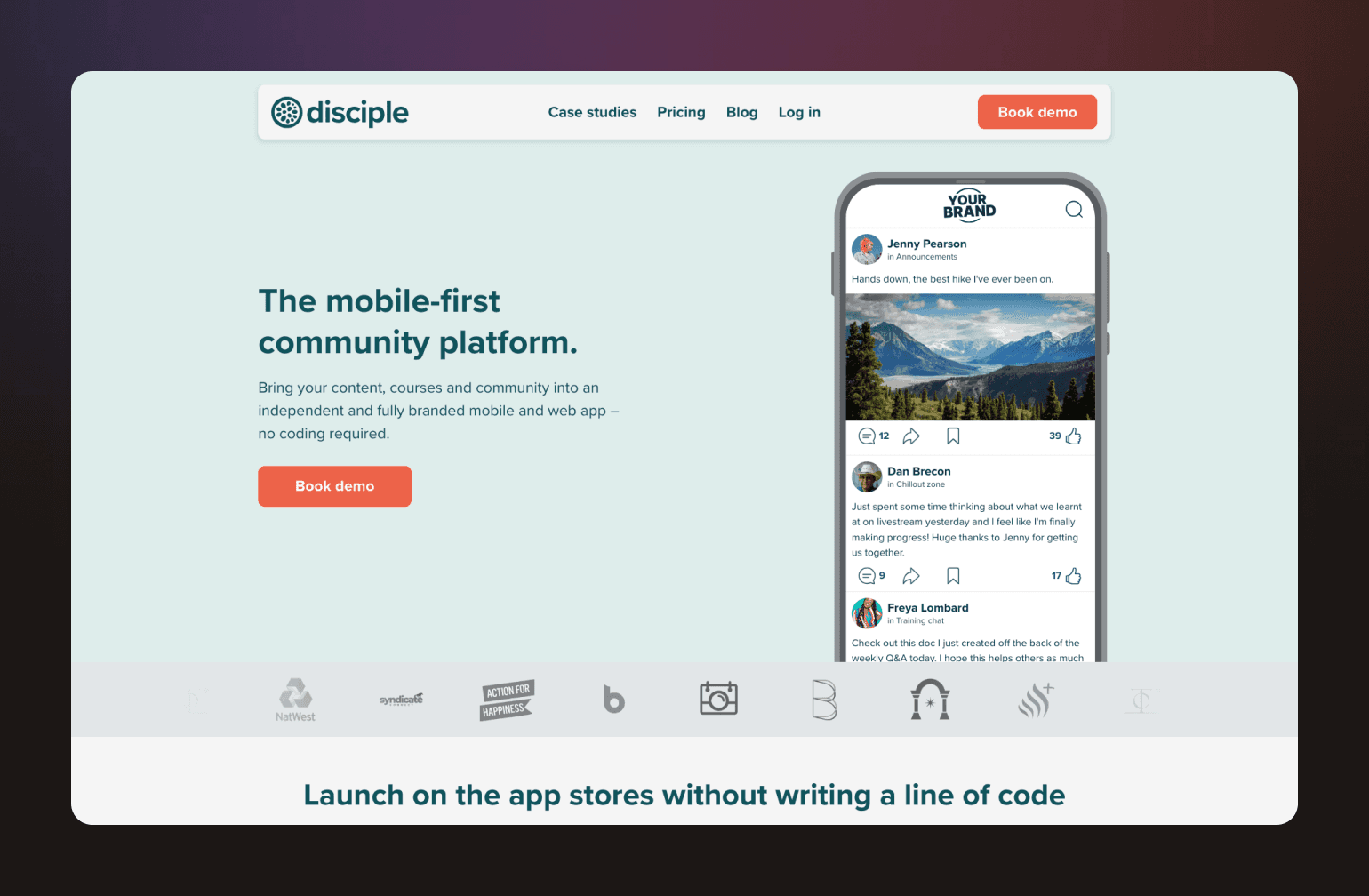 Disciple mobile community platform homepage showing branded app mockup with social feed featuring mountain landscape photo and user posts with engagement metrics