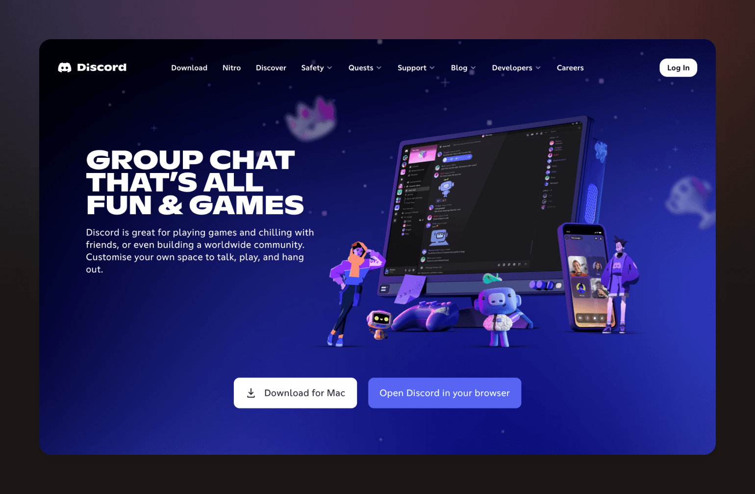 Discord homepage featuring illustrated characters around desktop and mobile devices with group chat interface on dark blue gradient background