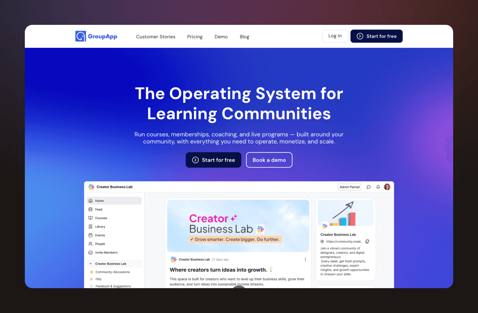 GroupApp platform interface showing Creator Business Lab community dashboard with navigation menu and growth statistics on purple gradient background
