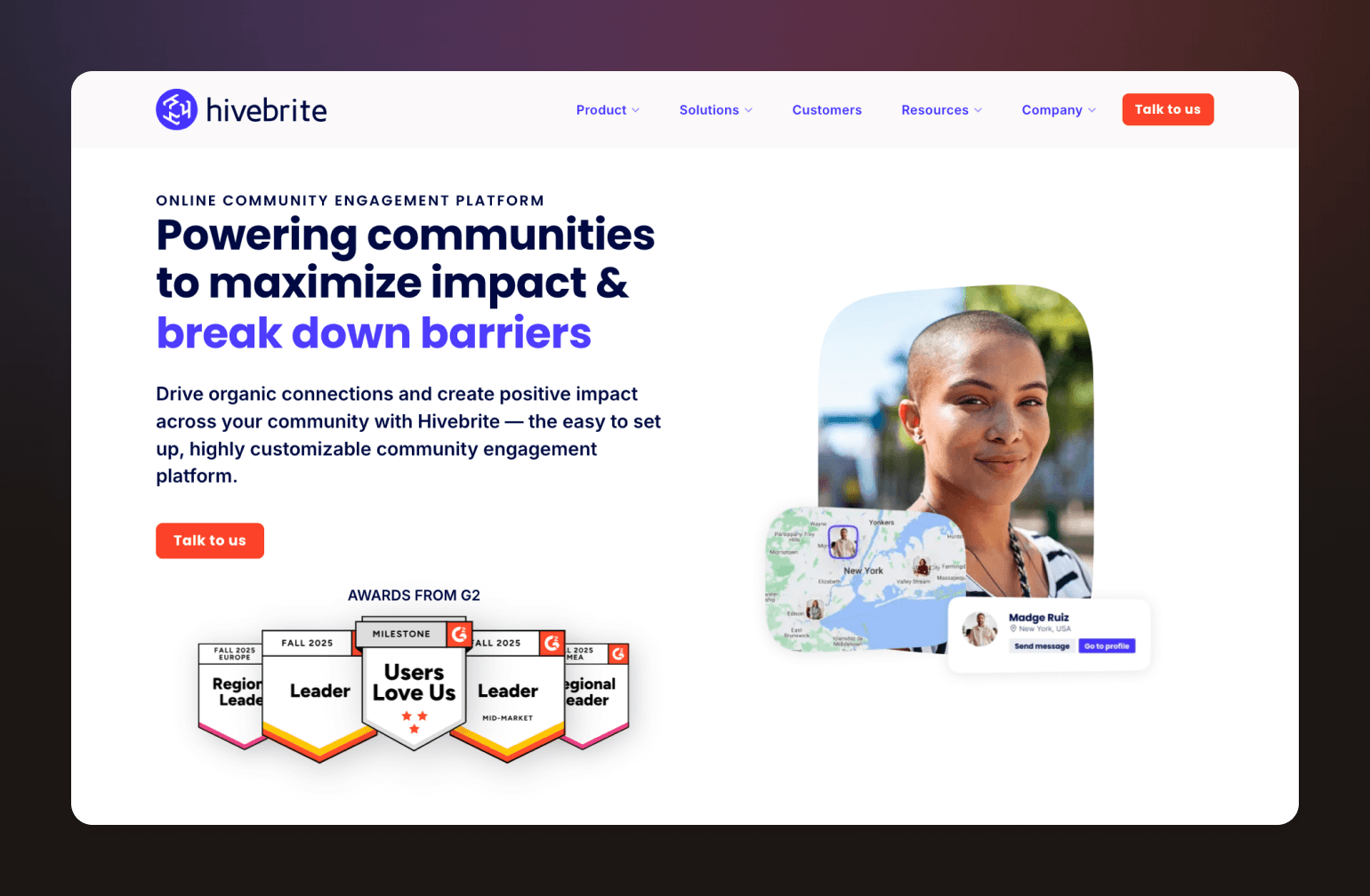 Hivebrite community engagement platform homepage with G2 awards badges and member profile interface showing location map