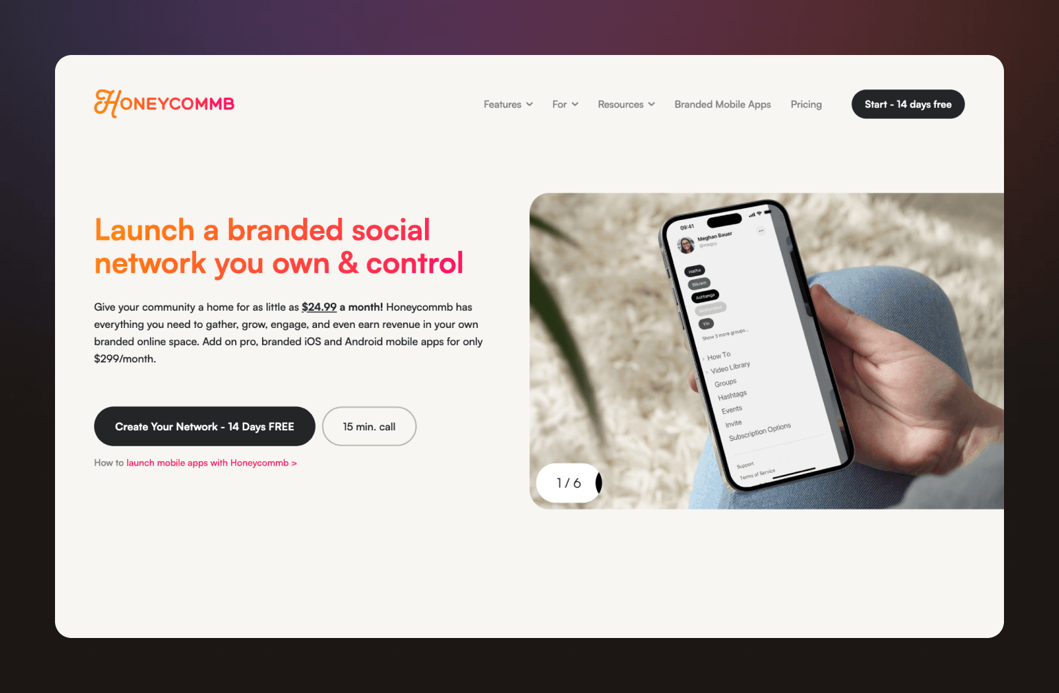 Hand holding smartphone displaying Honeycommb social networking mobile app interface with menu options outdoors