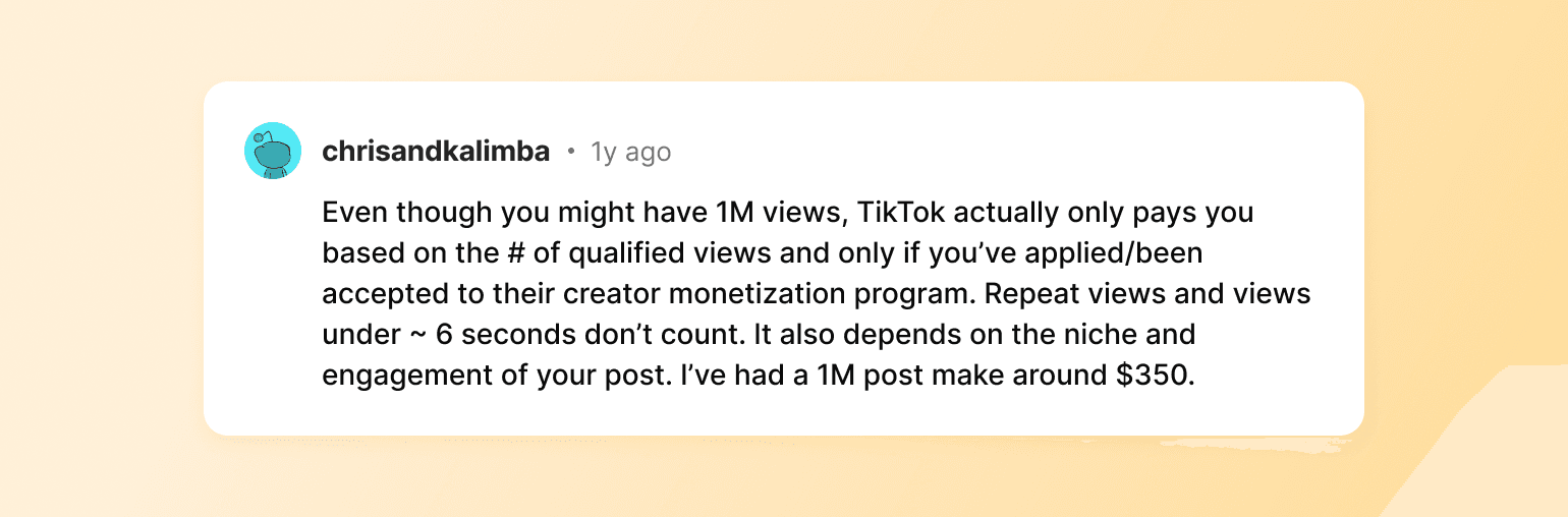 Social media post by chrisandkalimba explaining TikTok monetization based on qualified views, engagement, and niche factors