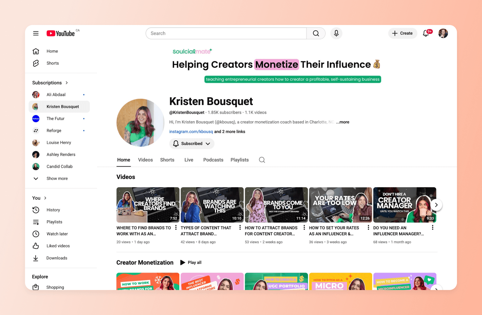 YouTube channel page for Kristen Bousquet, creator monetization coach with 1.85K subscribers, showing video thumbnails about brand partnerships and influencer rates