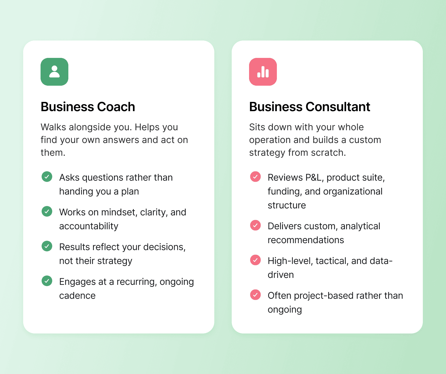 Comparison chart showing differences in approach, focus, and engagement style between business coaching and consulting