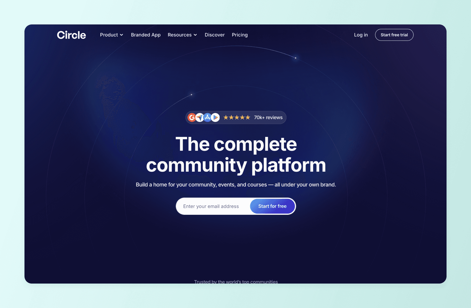 Circle community platform homepage with navigation menu, five-star rating badge showing 70k+ reviews, and email signup form on dark blue background
