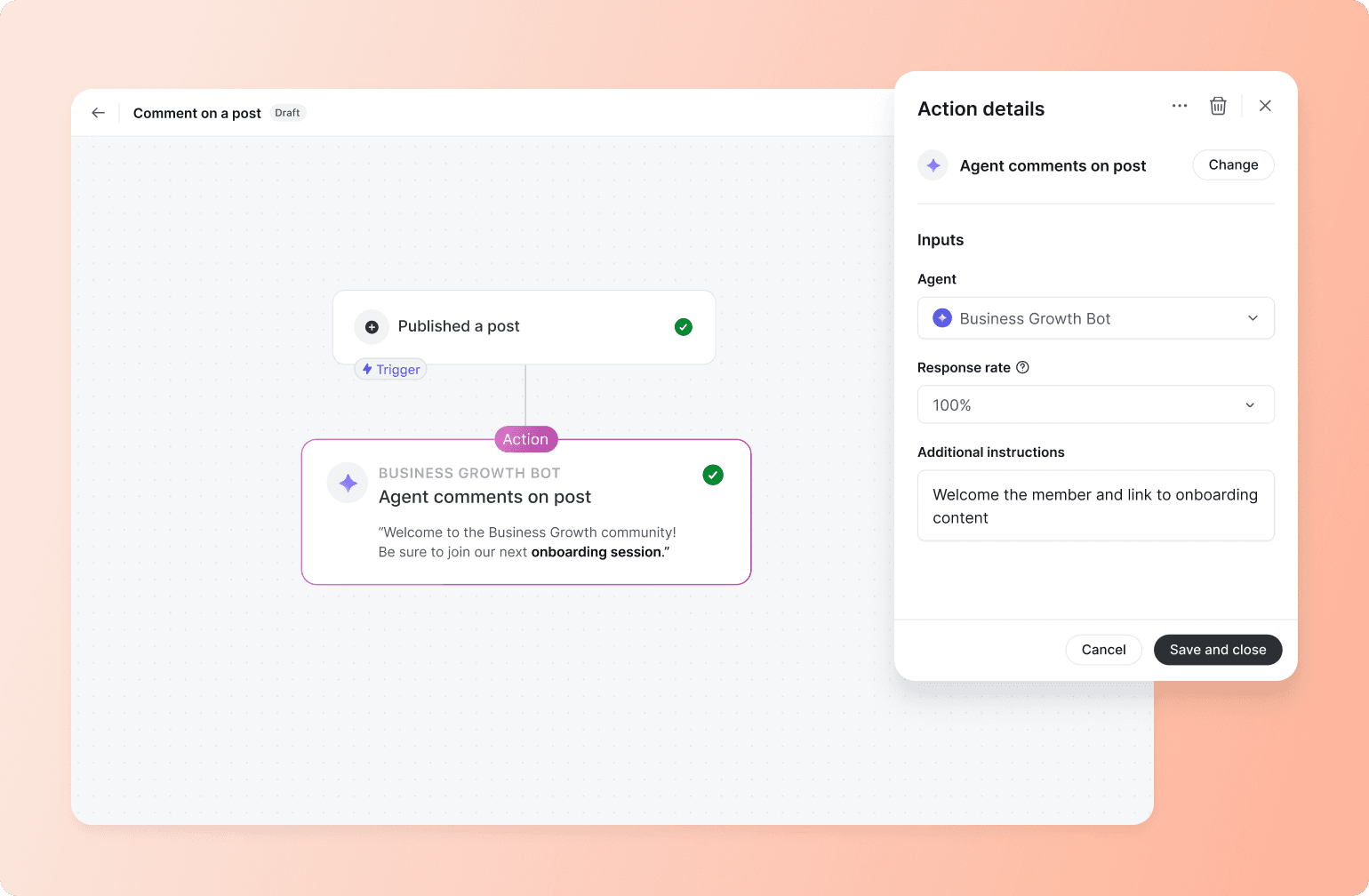 Workflow automation interface showing trigger for published post connected to Business Growth Bot agent comment action with 100% response rate