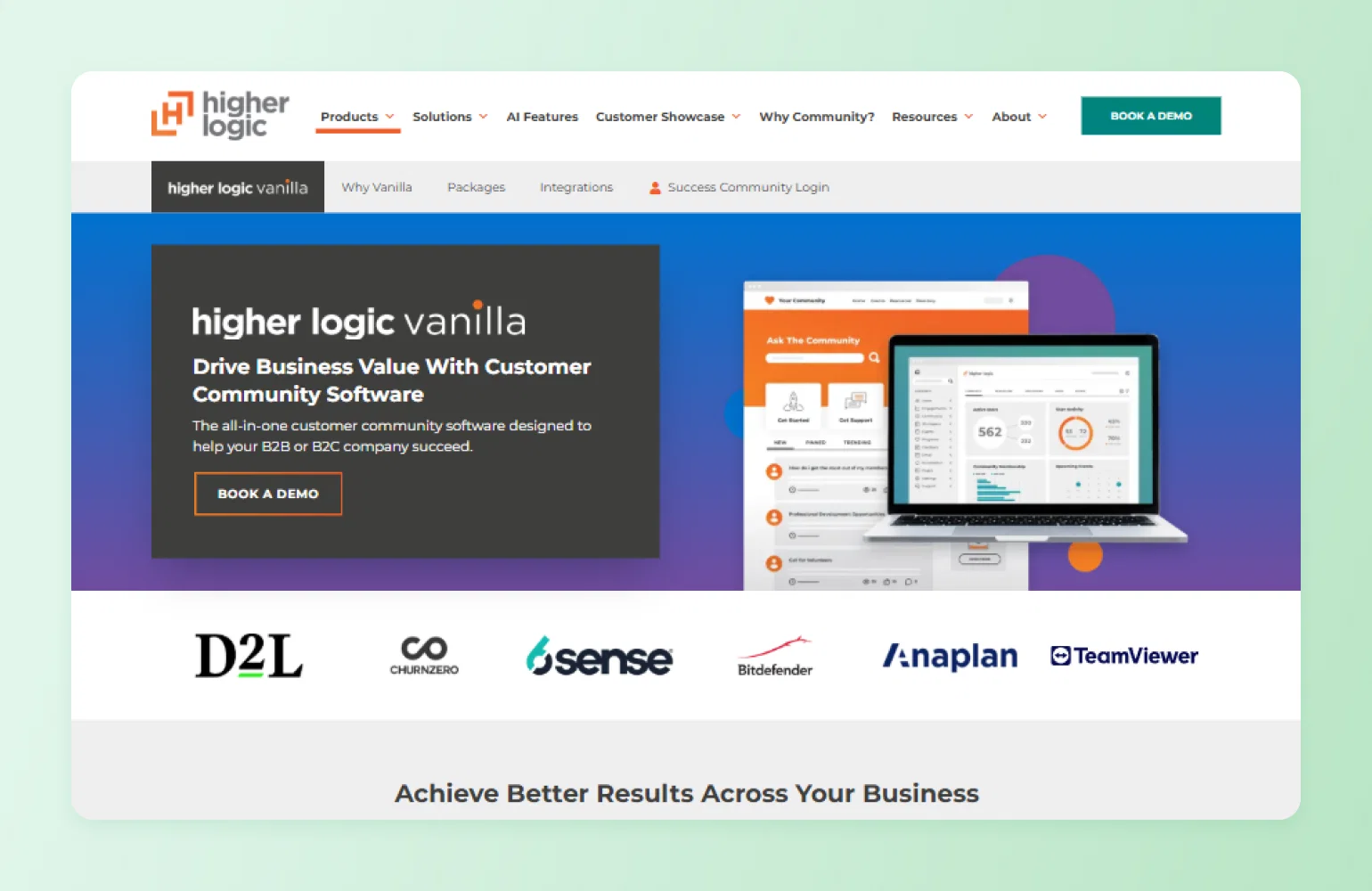 Higher Logic Vanilla homepage promoting customer community software, shown as an example of Bettermode alternatives