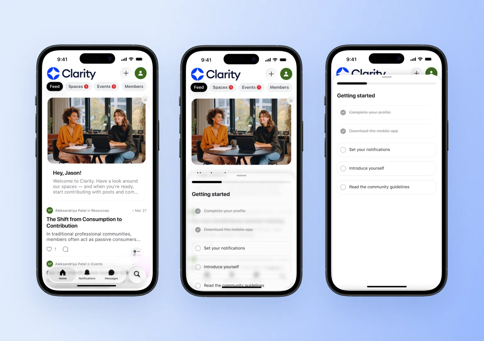 Clarity app screens showing a community onboarding checklist guiding new members through profile setup and introductions