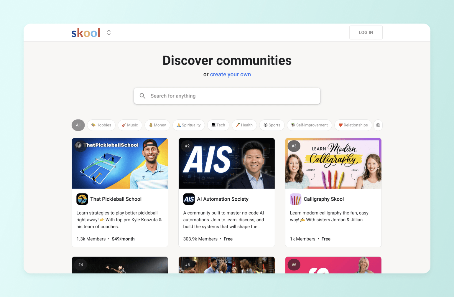 Skool community discovery page showing featured groups including That Pickleball School, AI Automation Society, and Calligraphy Skool