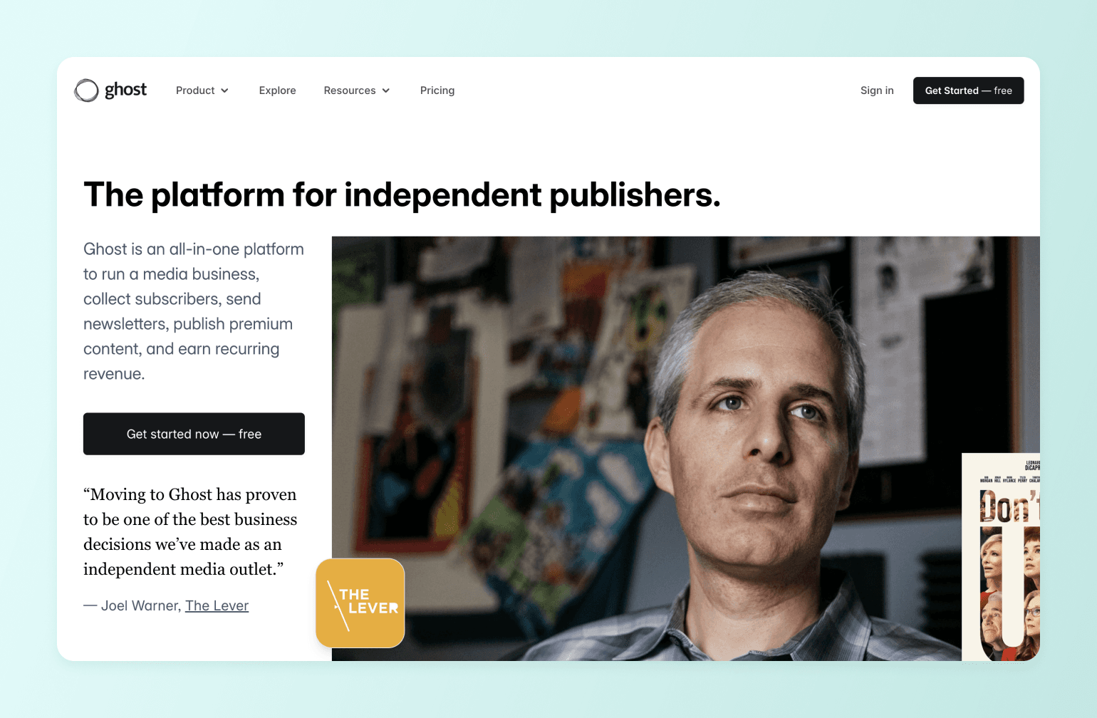 Ghost publishing platform homepage featuring Joel Warner of The Lever with customer testimonial and colorful comic books in background