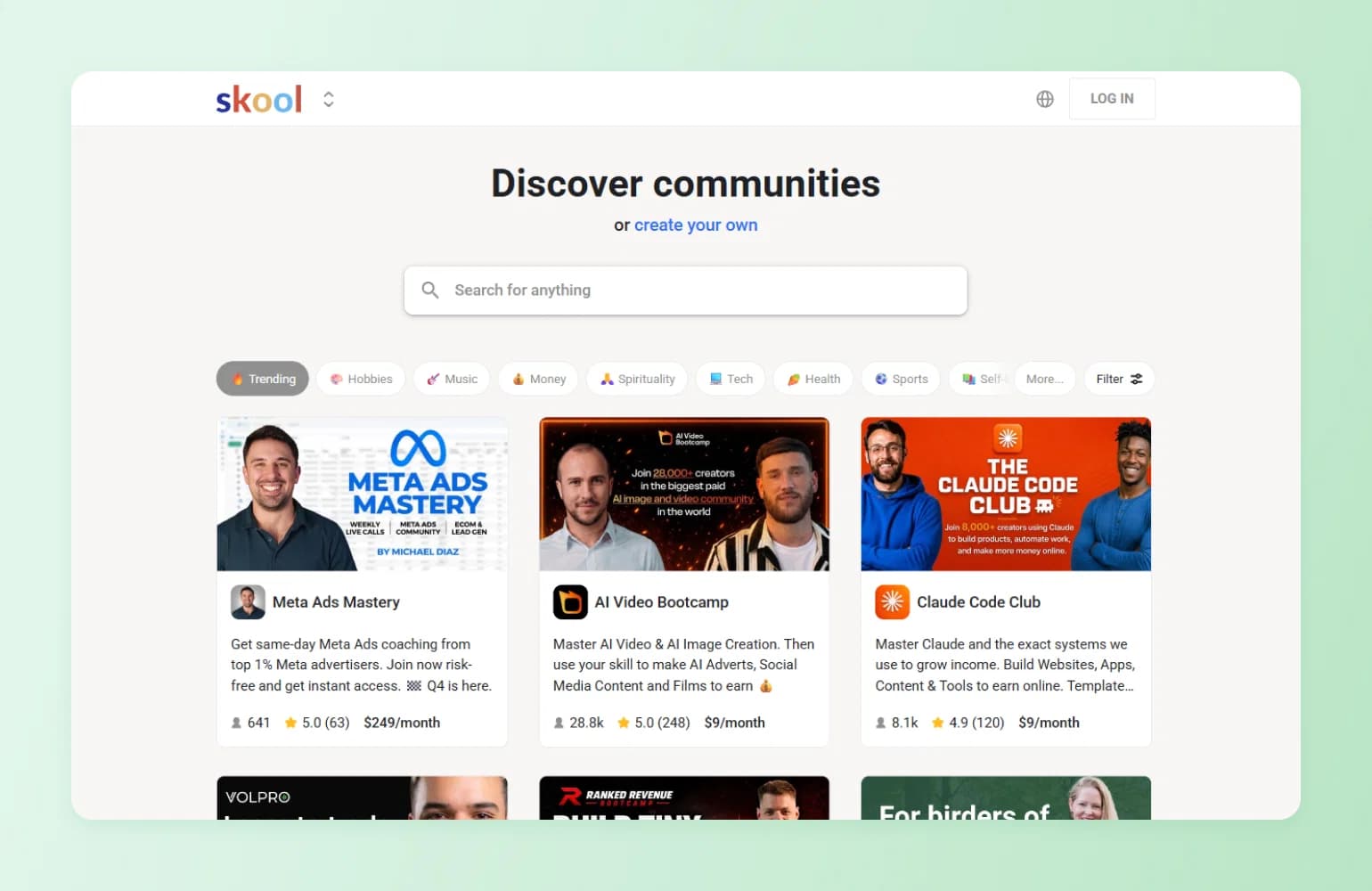 Skool's community discovery page listing creator groups with member counts and pricing, shown as a Bettermode alternative