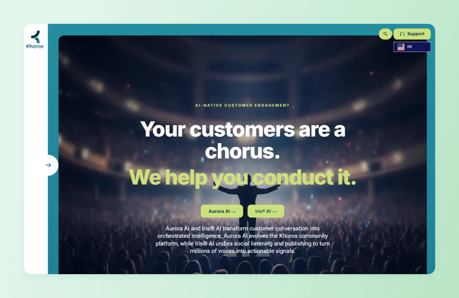 Khoros homepage with a conductor before a crowd, illustrating AI-native customer community software for orchestrating engagement