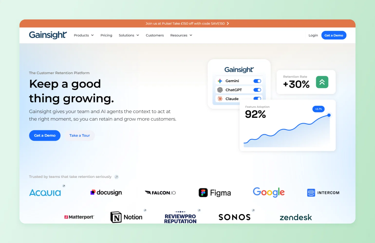 Gainsight homepage showing a retention rate of +30% and 92% feature adoption, illustrating a Bettermode alternative