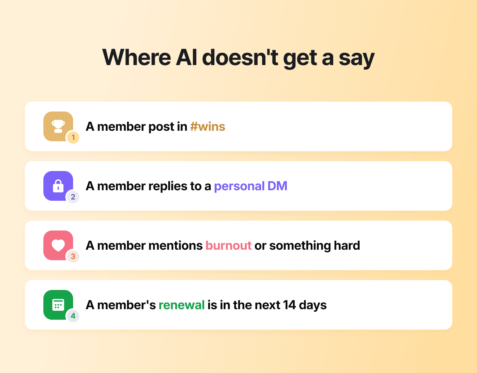 List titled 'Where AI doesn't get a say', outlining moments needing human care in community engagement