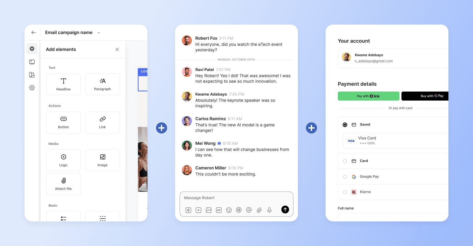Three-panel interface showing email campaign builder, group chat conversation about eTech event, and payment account settings