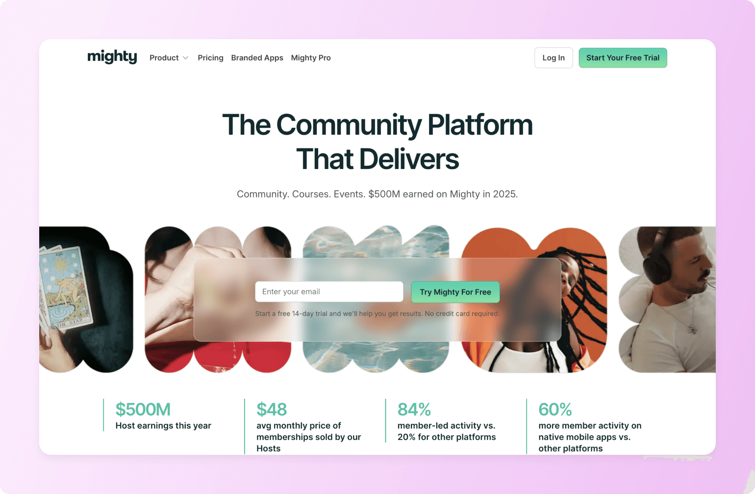 Mighty community platform homepage showing diverse community images including tarot cards, meditation, swimming, and music with statistics about platform earnings and engagement