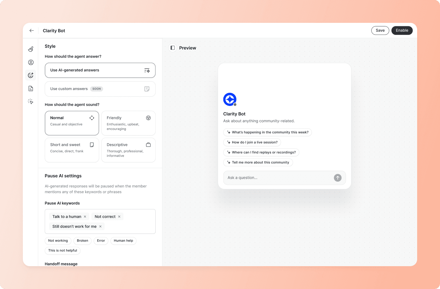 Circle's Clarity Bot chatbot configuration interface showing style settings, response tone options, and preview panel with sample questions