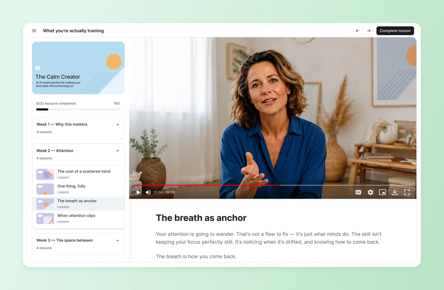 Online course platform lesson 'The breath as anchor' from The Calm Creator, showing structured video curriculum design