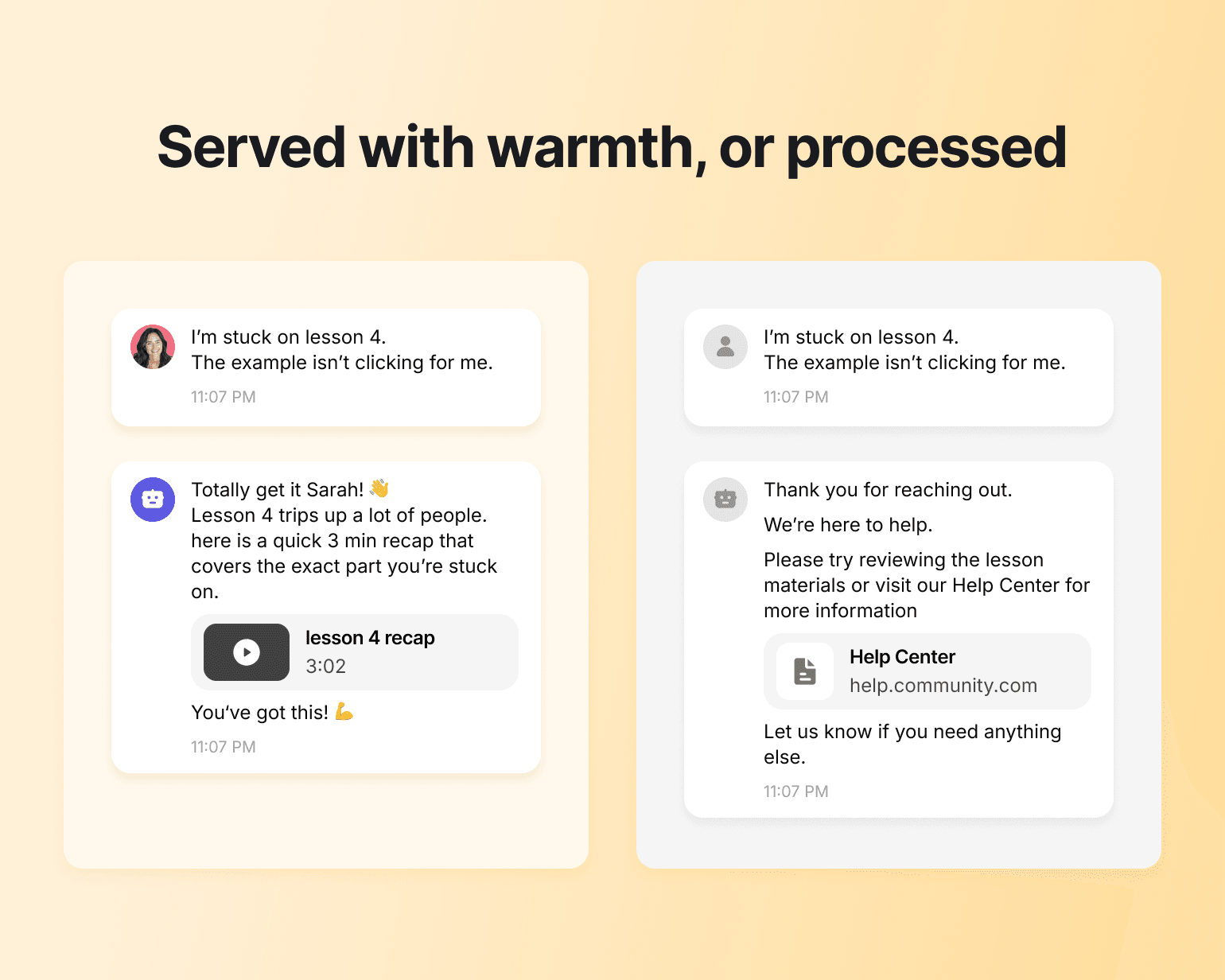 Two chat replies to the same question, showing personalized video help versus a generic help center link, illustrating AI's impact on community engagement