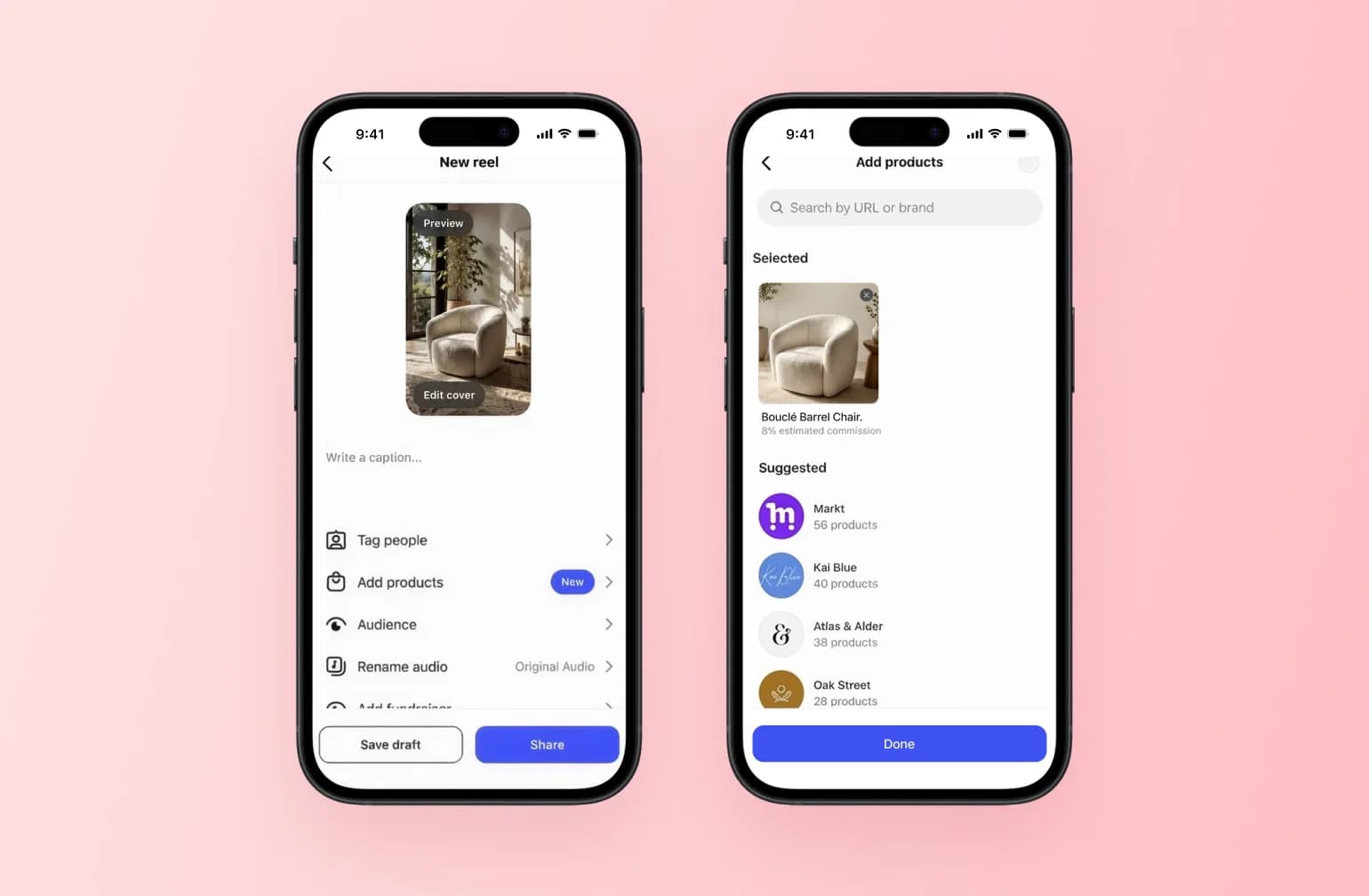 New reel and Add products screens tagging a chair, showing how to make money on Instagram by linking shoppable posts