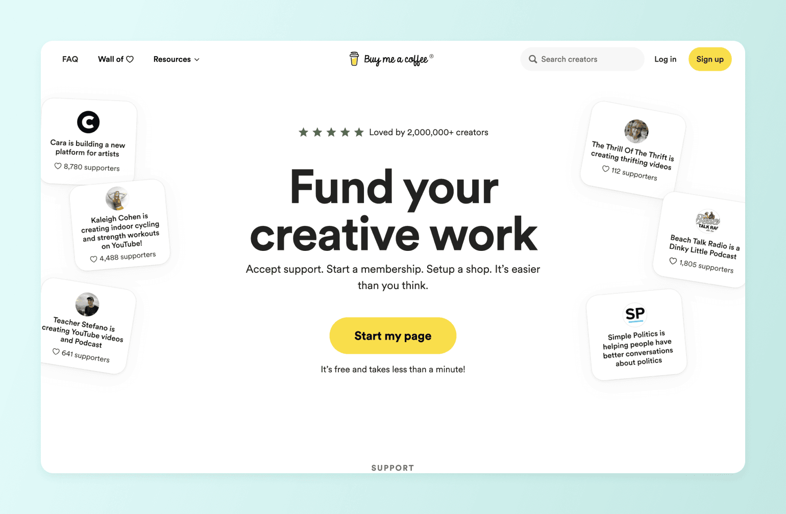 Buy Me a Coffee homepage showing creator profiles and call-to-action button for funding creative work through memberships