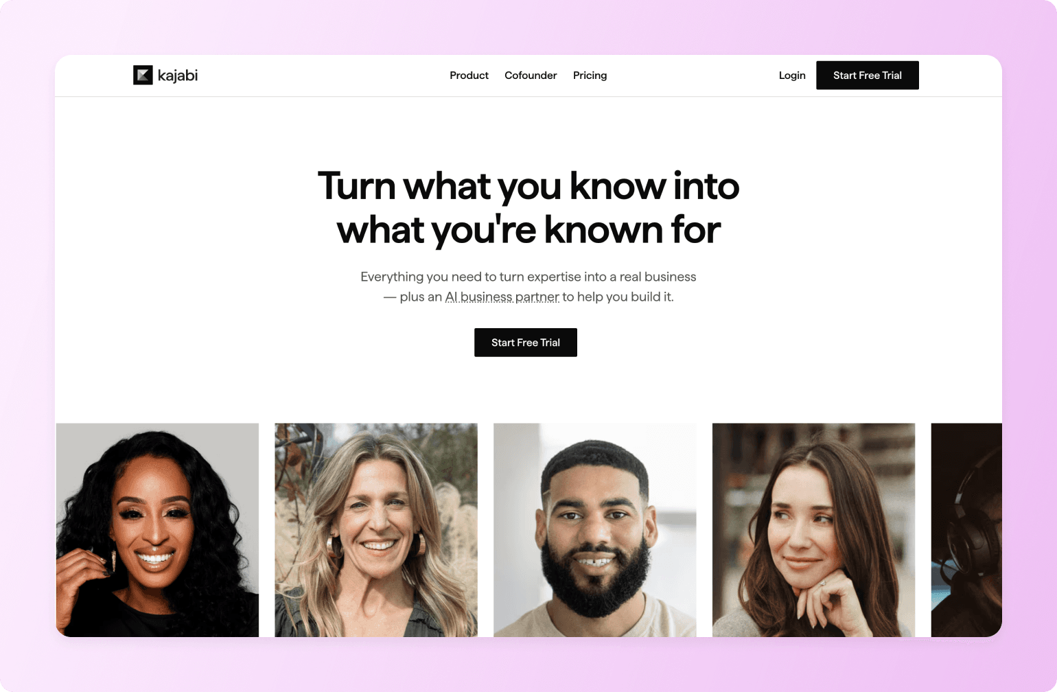 Kajabi homepage featuring headline "Turn what you know into what you're known for" with diverse professional headshots below