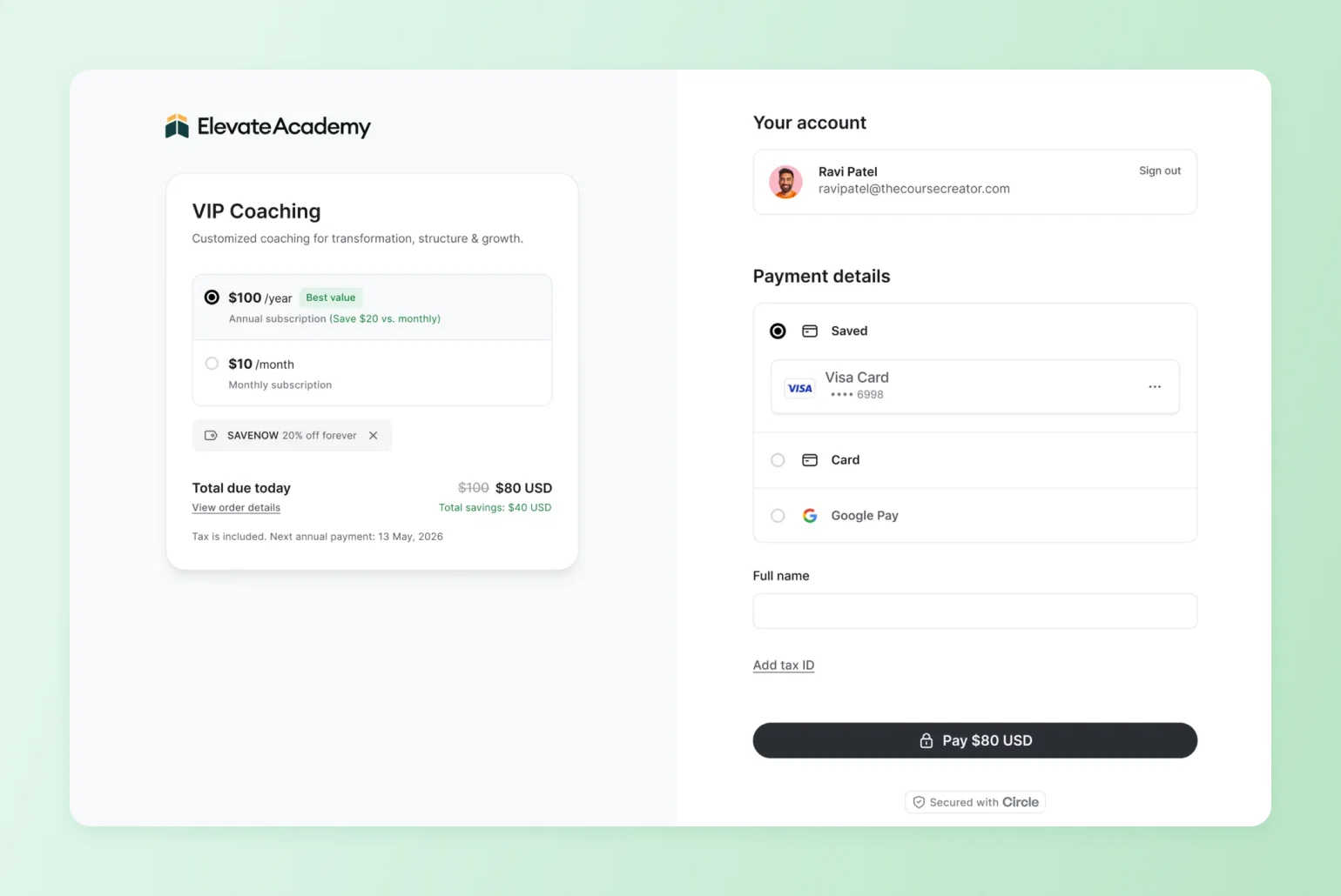 Elevate Academy checkout showing a discounted VIP coaching subscription, illustrating community monetization on a Bettermode alternative
