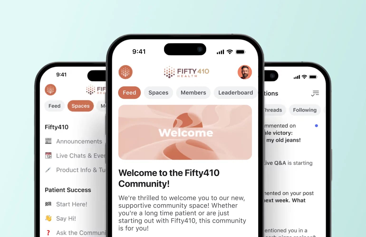 Fifty410 mobile app showing a welcome post and threads feed, illustrating how brands own instead of rent their audience