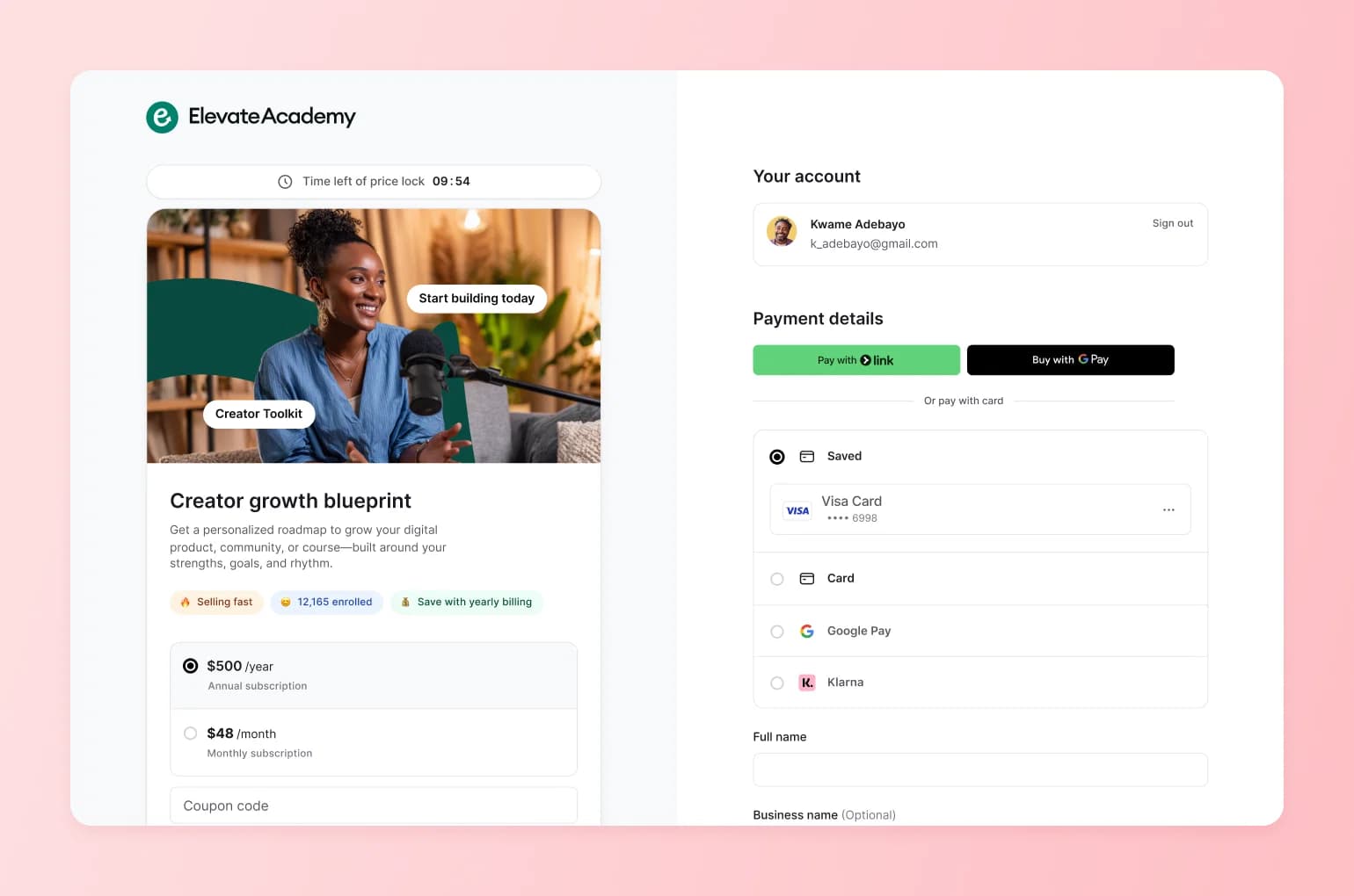 Elevate Academy checkout for Creator Growth Blueprint, showing a proven pricing and payment flow for course sales