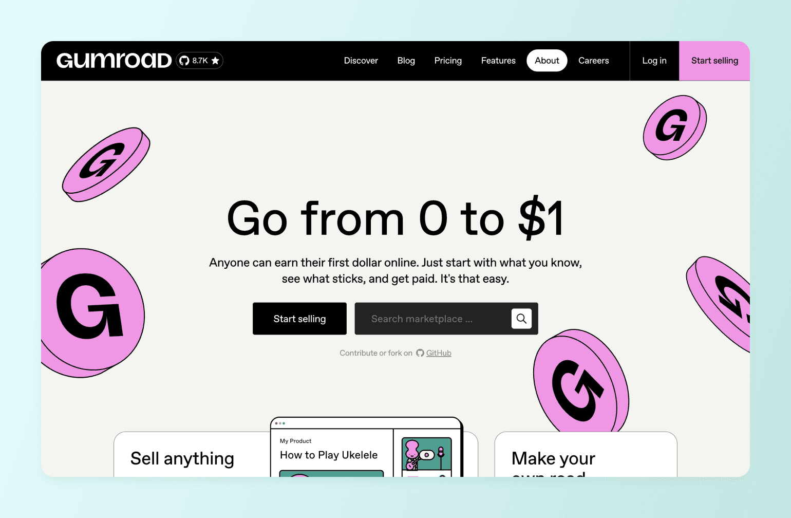 Gumroad landing page with pink coin logos featuring "G" and headline "Go from 0 to $1" encouraging users to start selling online