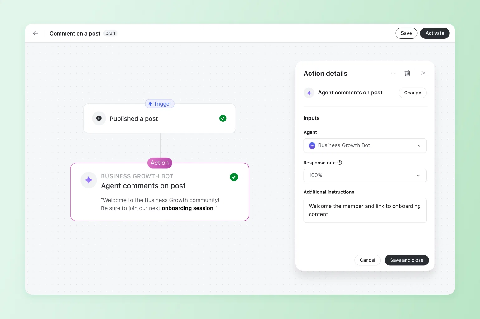 Workflow builder automating an agent comment welcoming new members, a feature compared across Bettermode alternatives