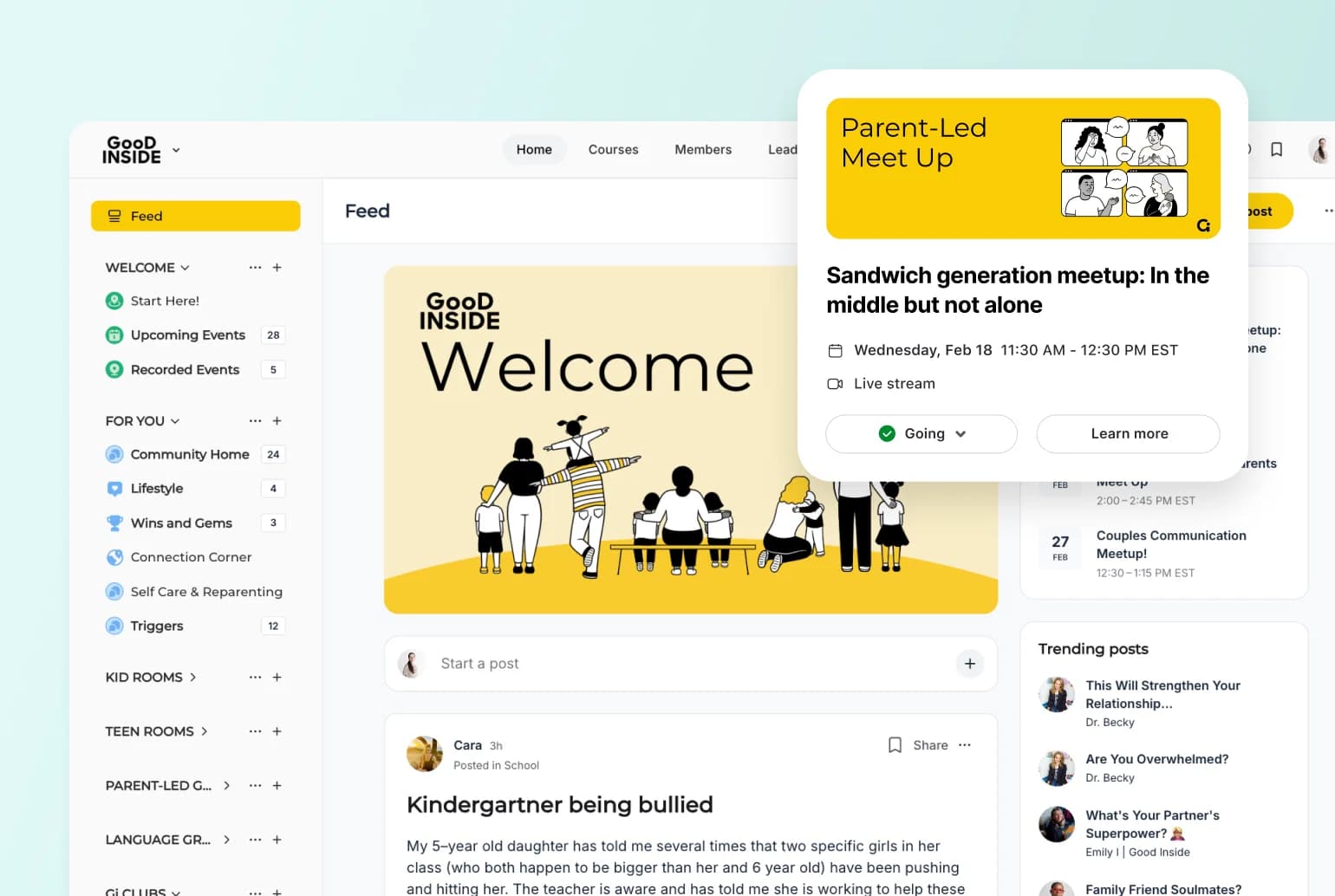 Good Inside community feed showing a parent-led meetup event, illustrating how creators own instead of rent their audience