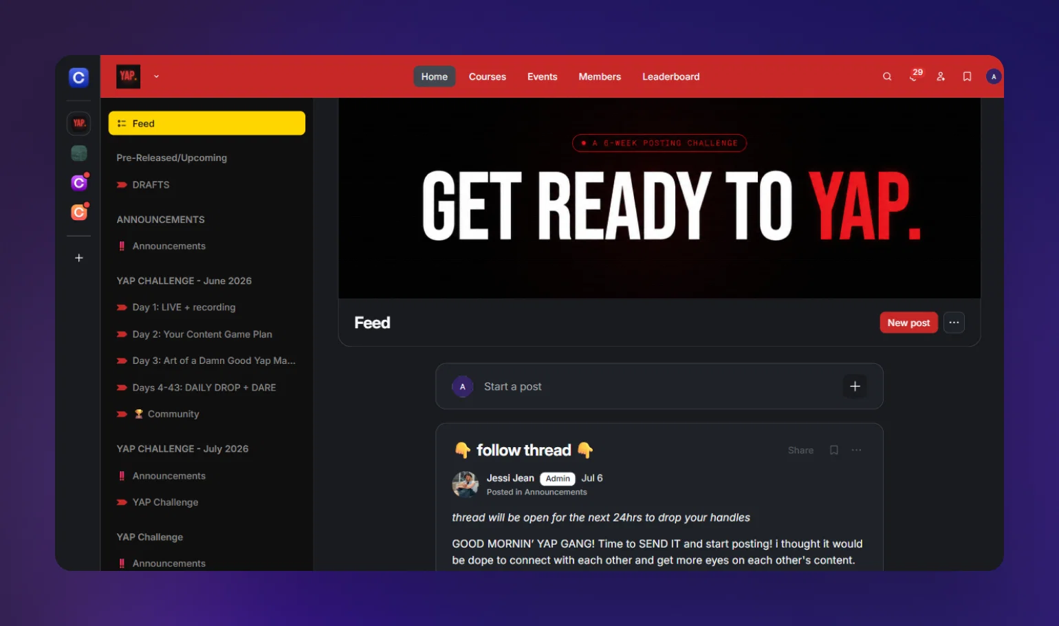 YAP community feed with a 6-week posting challenge banner, showing how to launch an online course as a member movement