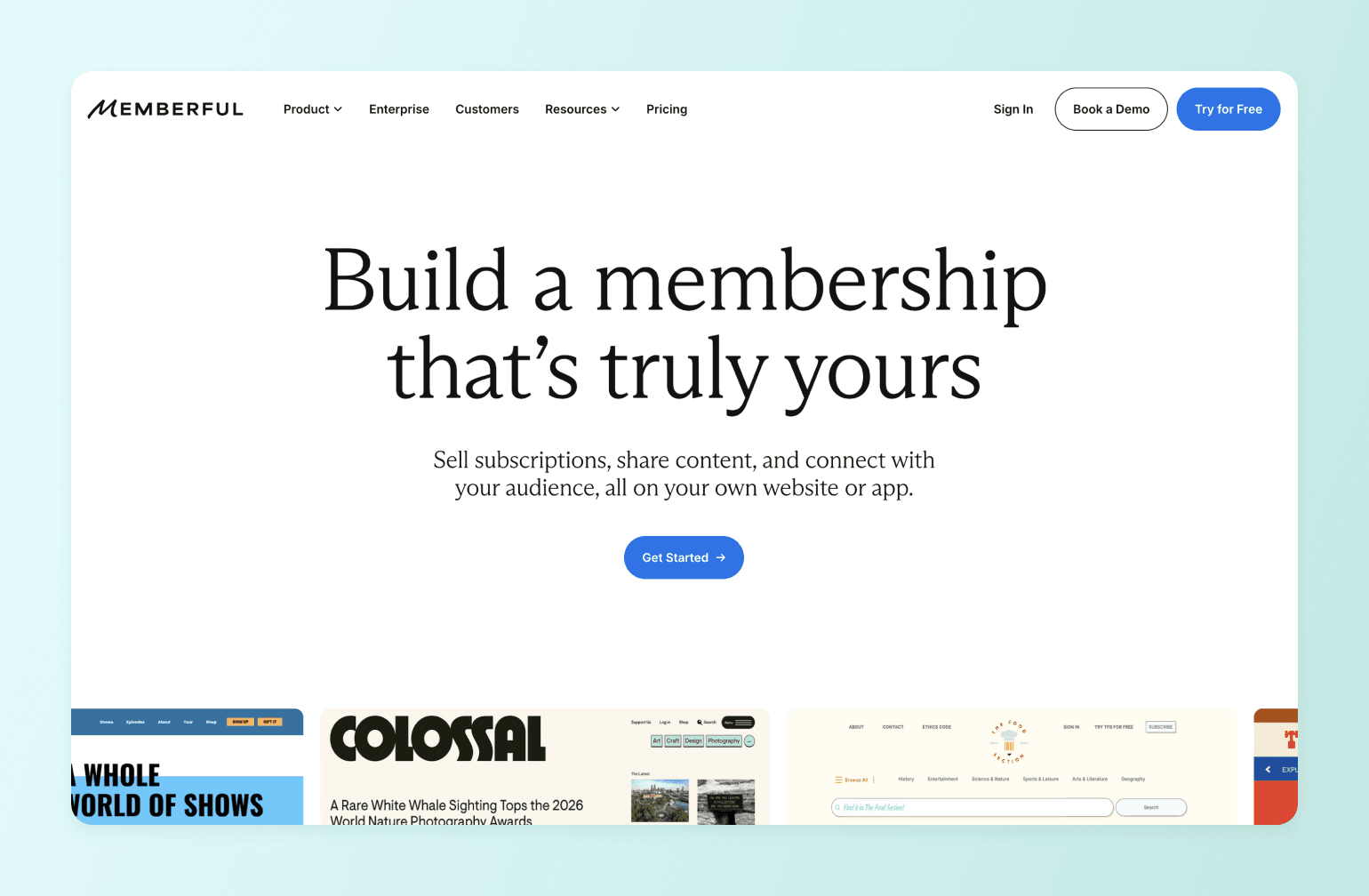 Memberful homepage hero section with headline about building a custom membership platform and preview thumbnails of client websites below