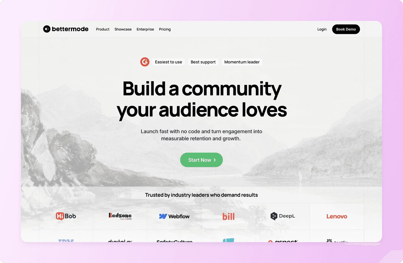 Bettermode community platform homepage with G2 badges, headline "Build a community your audience loves" and company logos including HiBob, Webflow, Bill, DeepL, and Lenovo
