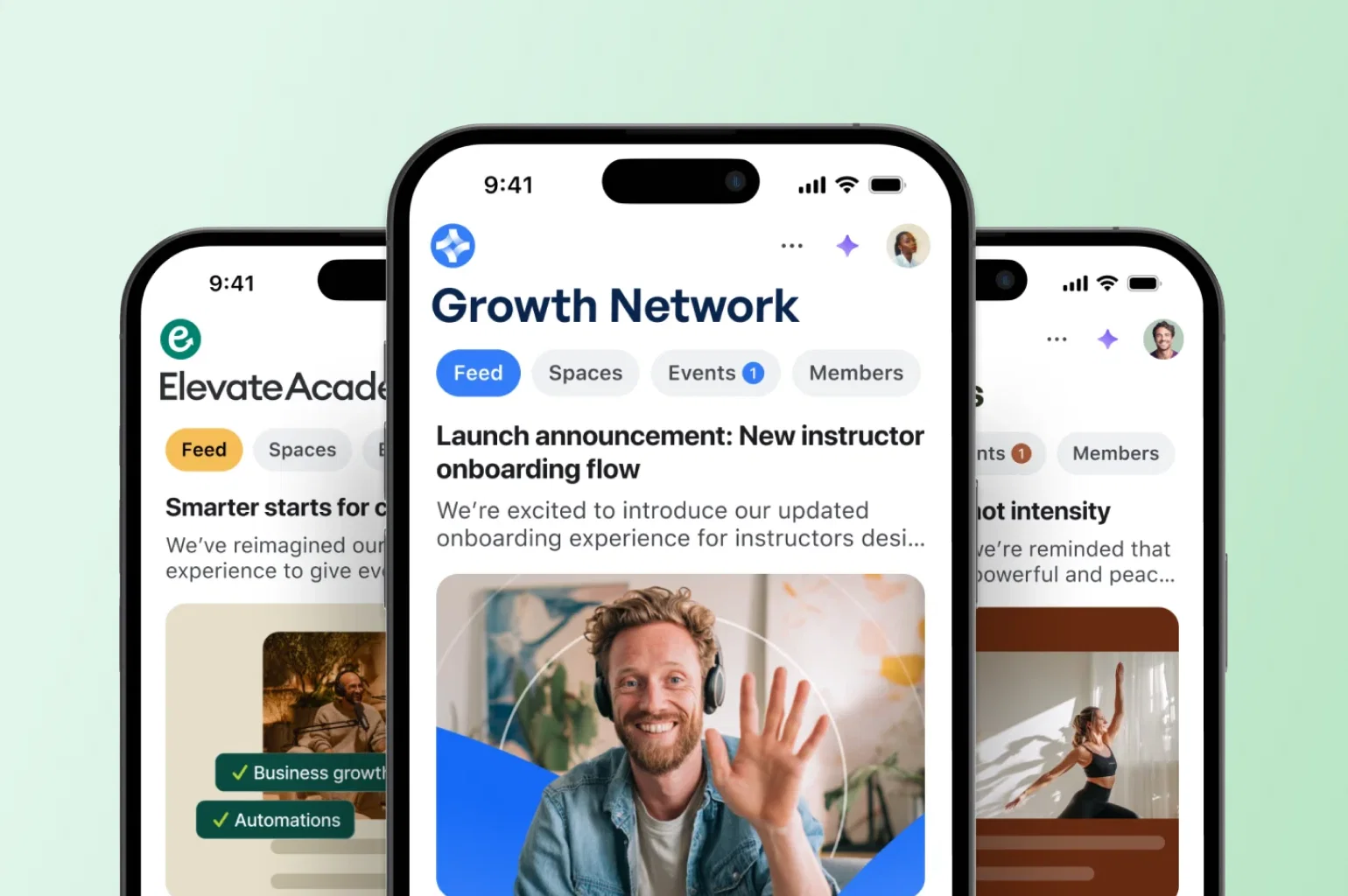 Three community platform alternatives shown on phones, each with branded feeds for courses, events, and member posts