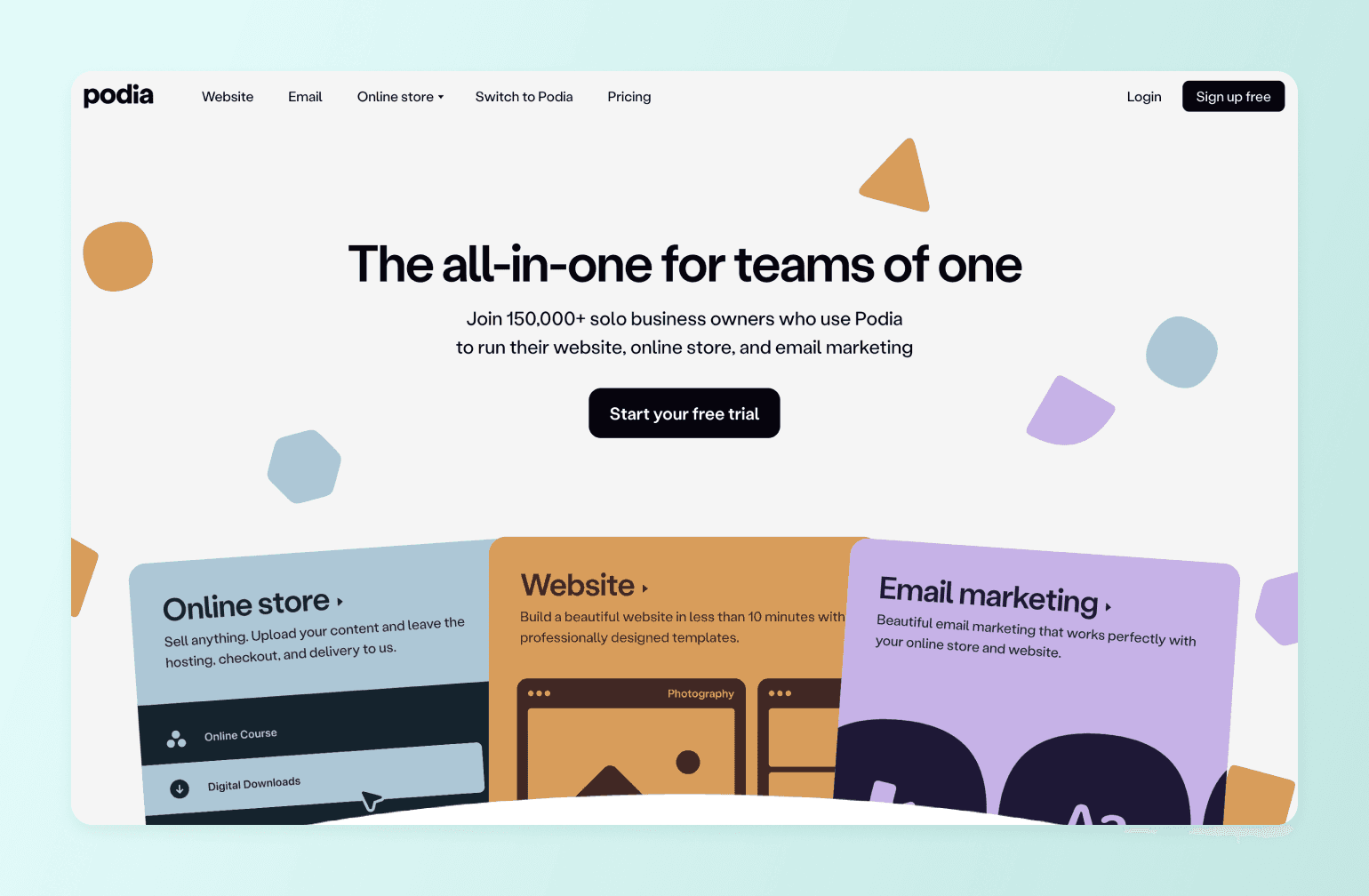 Podia homepage showcasing three service offerings: online store, website builder, and email marketing for solo entrepreneurs