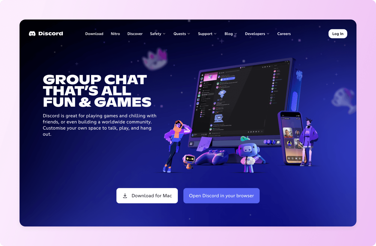 Discord homepage featuring desktop and mobile app interfaces with cartoon characters, starry background, and "Group chat that's all fun & games" headline